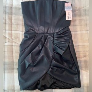 Vegan Leather Bandeau Corset Mini Dress in Black